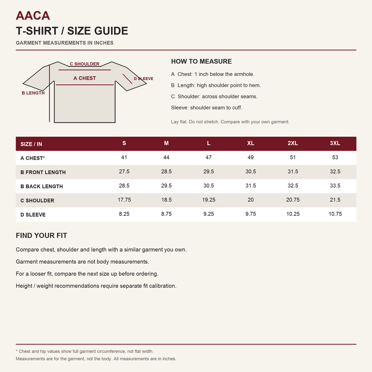 AACA tshirt size guide: garment measurements in inches