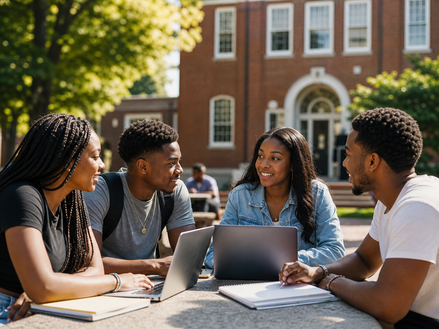 Black college students studying together on campus