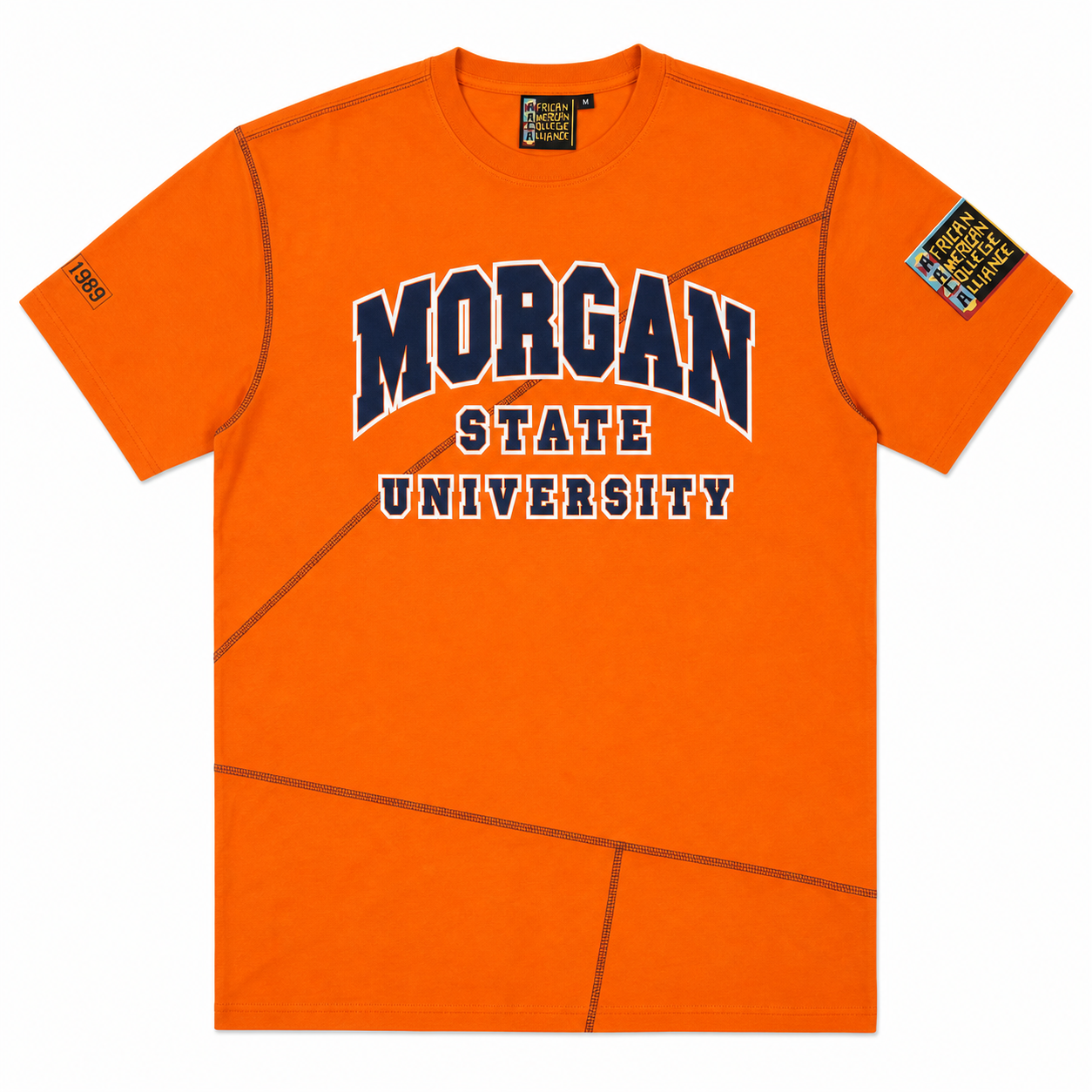 Morgan University Originals' AACA Classic T-Shirt Orange / Navy tee-ai-flatlay white background product image