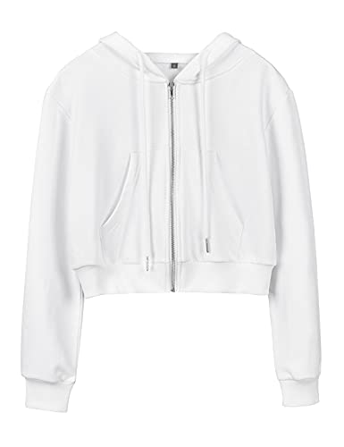 Bianstore Women's Cute Workout Cropped Zip Up Hoodie Hooded Sweatshirt Jacket (White-L)