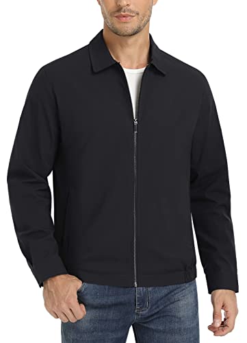 MAGCOMSEN Men's Light Spring Jackets Business Casual Full-Zip Coat Lightweight Windbreaker Jackets Collar Work Jackets Black,L