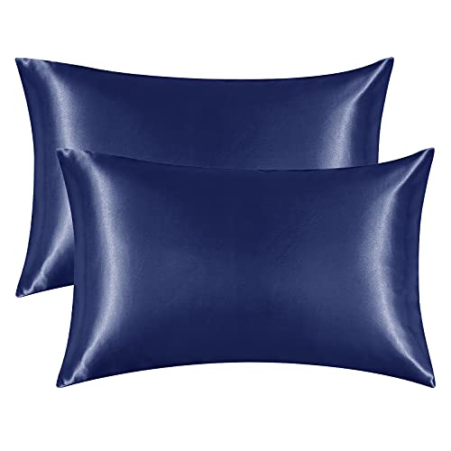 EHEYCIGA Satin Pillowcase for Hair and Skin Silk Pillowcase Set of 2 Navy Soft Pillow Cases 2 Pack Standard Size 20X26 Inches with Envelope Closure