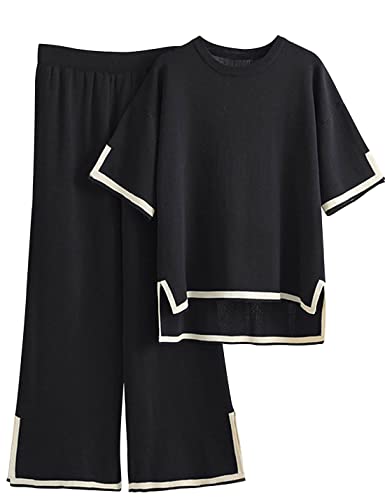 Faleave Womens Knit 2 Piece Sweater Sets Short Sleeve Pullover Tops Elastic Waist Wide Leg Pants Lounge Set(Black-L)