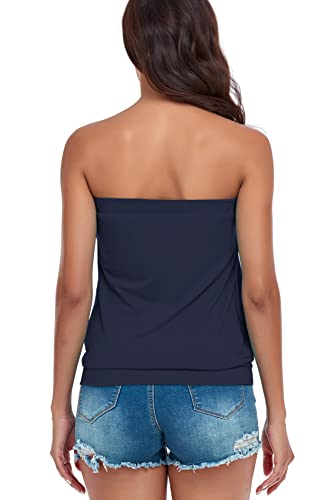 CHICGAL Tube Tops for Women Summer Off The Shoulder Bandeau Tank Casual Plus Size Blouse Shirts (Navy,XL)
