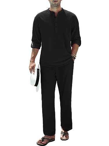 HANXMEN Men's 2 Pieces Cotton Linen Sets Henley Shirt Long Sleeve Beach Outfits and Casual Pants Suits with Pockets 3XL Black