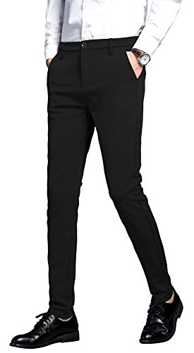 Plaid&Plain Men's Stretch Dress Pants Slim Fit Skinny Suit Pants 7101 Black 29W28L