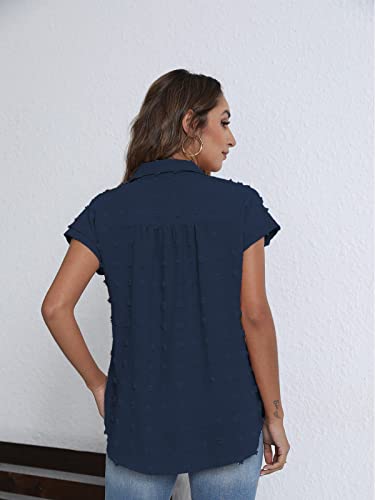BOTHENIAL Oversized Button Down Shirts for Women Short Sleeve Business Casual Tops Office Work Fall Clothes (Navy Blue,XX-Large)