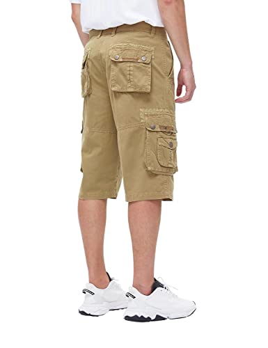BEST SOUTH Men's Capri Long Twill Cargo Shorts Below Knee 13 Inches Cotton Relaxed Fit Casual Multi-Pocket Khaki 42