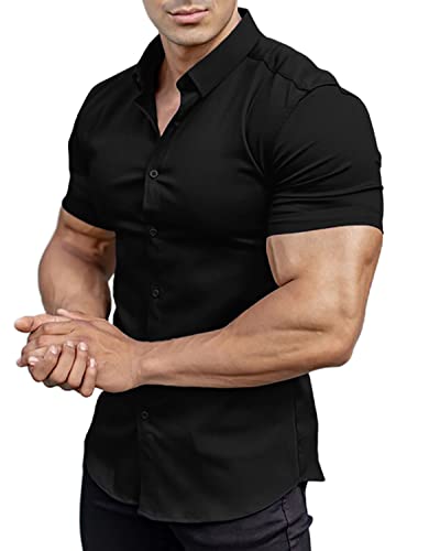 Casual Men's Muscle Fit Dress Shirts Short Sleeve Athletic Fit Button Down Shirts Black L