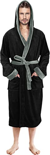 NY Threads Mens Hooded Fleece Robe - Plush Long Bathrobes, Black With Steel Grey Contrast (Small/Medium)