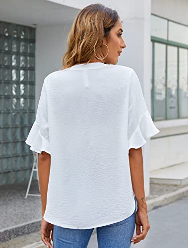BMJL Womens White Blouses Chiffon Ruffle Short Sleeve V Neck Business Casual Tops Summer Cute Shirt White