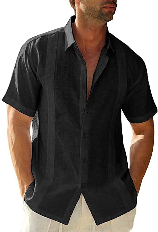 JEKAOYI Mens Casual Linen Cotton Button Down Short Sleeve Shirts Cuban Camp Guayabera Beach Tops