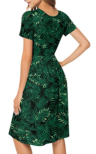 DB MOON Women 2023 Casual Summer Dresses Plus Size V Neck Short Sleeve Knee Length Dress with Pockets (Green Leaf Black, XL)