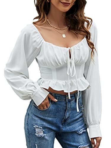 LYANER Women's Tie Knot V Neck Ruffle Trim Long Sleeve Shirred Crop Blouse Shirt Top White Medium