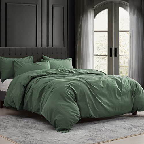 KAKABELL 100% Washed Cotton Linen Duvet Covers Set,Luxury Soft and Breathable Portable Openings 3 Piece Bedding Set,1200 Thread Count,with 8 Corner Ties 90x106 Inches(Green, King)