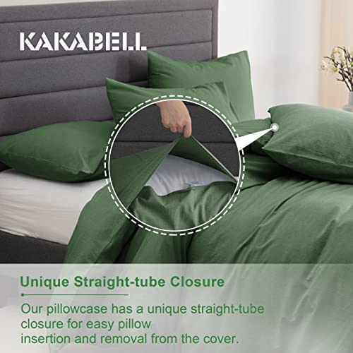 KAKABELL 100% Washed Cotton Linen Duvet Covers Set,Luxury Soft and Breathable Portable Openings 3 Piece Bedding Set,1200 Thread Count,with 8 Corner Ties 90x106 Inches(Green, King)