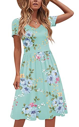 DB MOON Women 2023 Casual Summer Dresses Plus Size V Neck Short Sleeve Knee Length Dress with Pockets(Green Floral, XL)