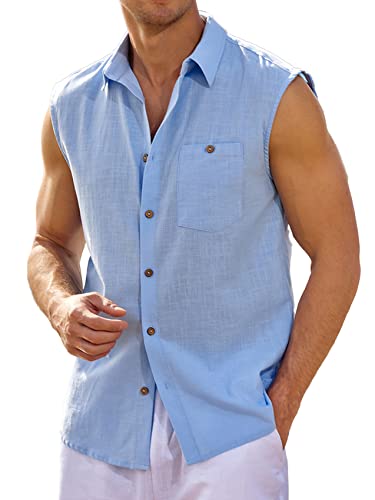 Fommykin Men's Linen Sleeveless Shirts Button Down Beach Tank Top Basic Solid Shirt Vest with Pocket Sky Blue