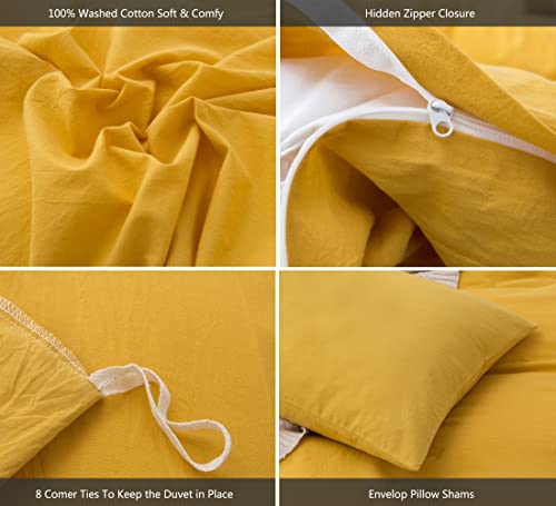 MooMee Bedding Duvet Cover Set 100% Washed Cotton Linen Like Textured Breathable Durable Soft Comfy (Yellow, Queen)