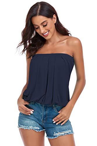 CHICGAL Tube Tops for Women Summer Off The Shoulder Bandeau Tank Casual Plus Size Blouse Shirts (Navy,XL)