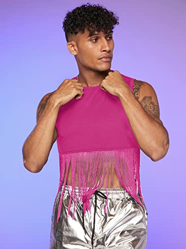 GORGLITTER Men's Fringe Hem Crop Tank Top Round Neck Sleeveless Crop Tops Hot Shirts Hot Pink Medium