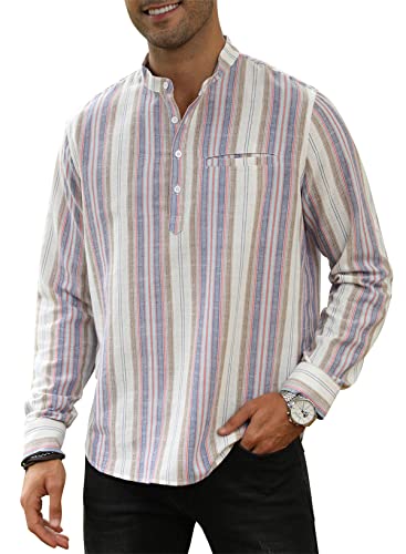 JMIERR Men's Cotton Linen Henley Shirt Long Sleeve Casual Stylish Button Up Hippie Striped Beach T Shirts with Pockets for Men,US 46(XL),A Pink