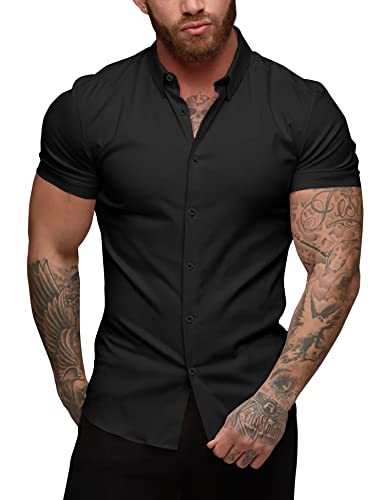 URRU Men's Muscle Dress Shirts Slim Fit Stretch Short Sleeve Casual Button Down Shirts for Men Black L