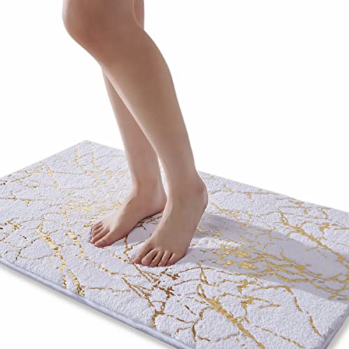 Marble Bathroom Rug White and Gold Decor Bathroom Rugs Non Slip Bath Mat Super Absorbent Microfiber Plush Bathmat Machine Washable Floor Carpet for Tub, Shower, Bedroom 24"x36"