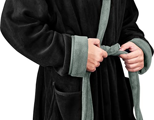 NY Threads Mens Hooded Fleece Robe - Plush Long Bathrobes, Black With Steel Grey Contrast (Small/Medium)