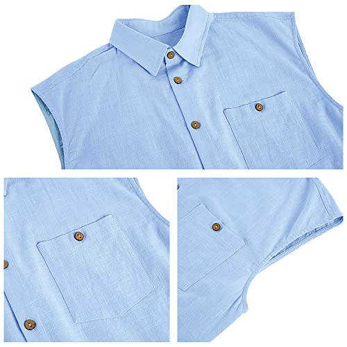 Fommykin Men's Linen Sleeveless Shirts Button Down Beach Tank Top Basic Solid Shirt Vest with Pocket Sky Blue