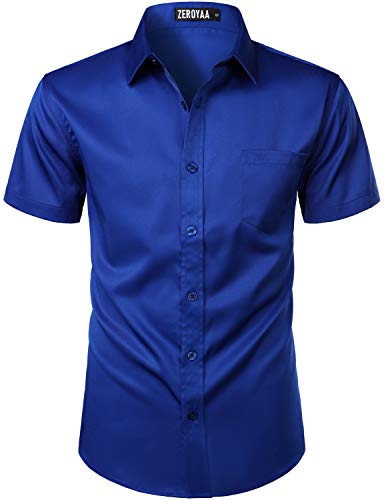 ZEROYAA Men's Casual Urban Stylish Slim Fit Short Sleeve Button Up Dress Shirt with Pocket ZLSC15 Royal X-Large