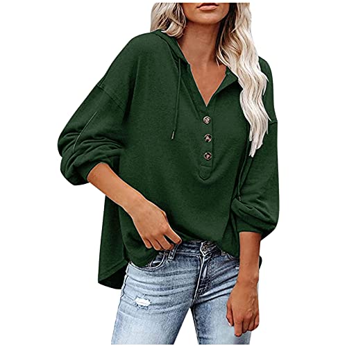 Button V Neck Shirt for Women Long Sleeve Casual Oversize Hoodie Pullover Baggy Drop Shoulder Fall Blouse Tops Army Green
