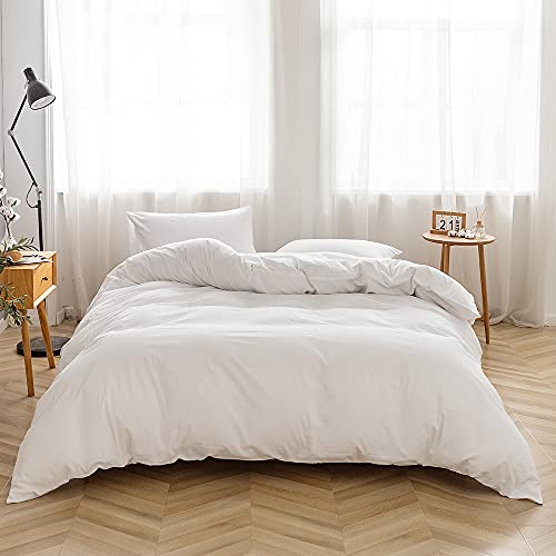 FACE TWO FACE Bedding Duvet Cover Set 3 Pieces 100% Washed Cotton Duvet Cover Linen Like Textured Breathable Durable Soft Comfy (Queen, White)