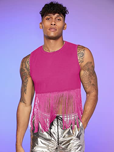 GORGLITTER Men's Fringe Hem Crop Tank Top Round Neck Sleeveless Crop Tops Hot Shirts Hot Pink Medium