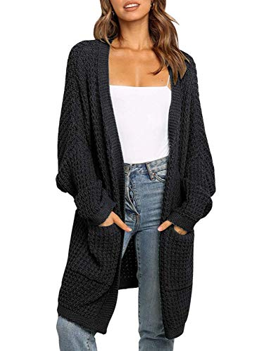 MEROKEETY Women's Oversized Long Batwing Sleeve Cardigan Waffle Knit Sweater Coat, Black, XXL