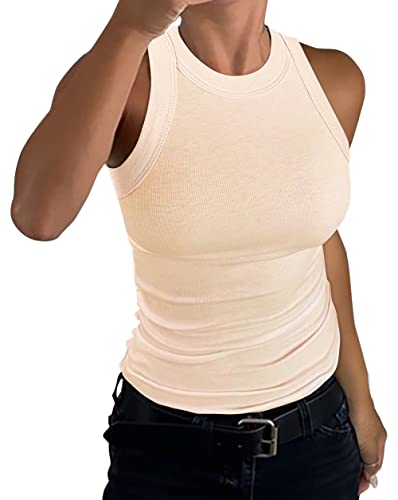 GEMBERA Womens Sleeveless Racerback High Neck Casual Basic Cotton Ribbed Fitted Tank Top Cream（3795,Nude,XL