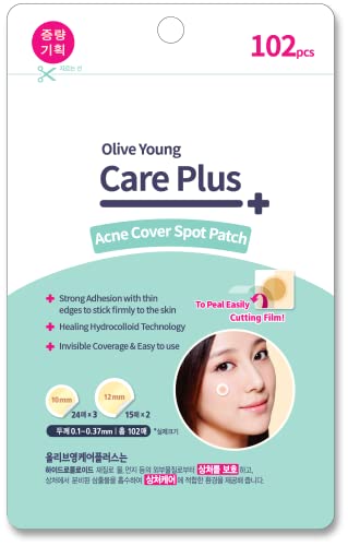 Olive Young 1 Pack Care Plus Spot Patch (102 Count) - Hydrocolloid Patch, Spot Stickers for Acne Pimple Blemishes and zits Cover for face and Body, Not Tested on Animals (10mm*72ea + 12mm*30ea)