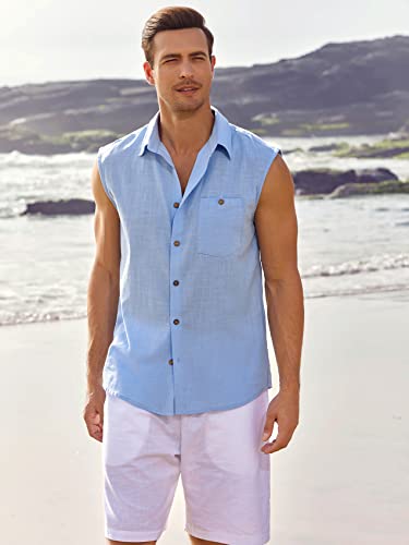 Fommykin Men's Linen Sleeveless Shirts Button Down Beach Tank Top Basic Solid Shirt Vest with Pocket Sky Blue