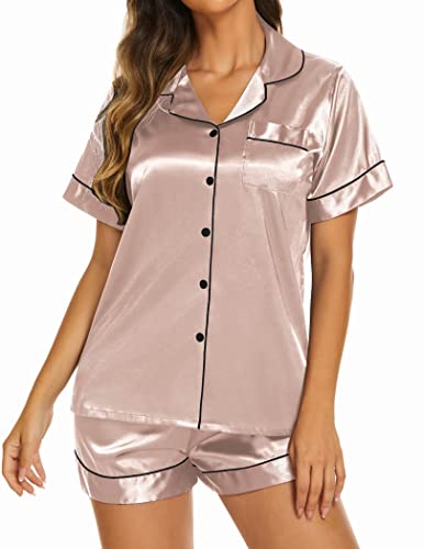 Ekouaer Pajamas Women Satin Button Up Nightwear Summer Cute Pjs Silk Loungewear Gift Set Bridal Party Light Brown,M