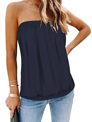 CHICGAL Tube Tops for Women Summer Off The Shoulder Bandeau Tank Casual Plus Size Blouse Shirts (Navy,XL)