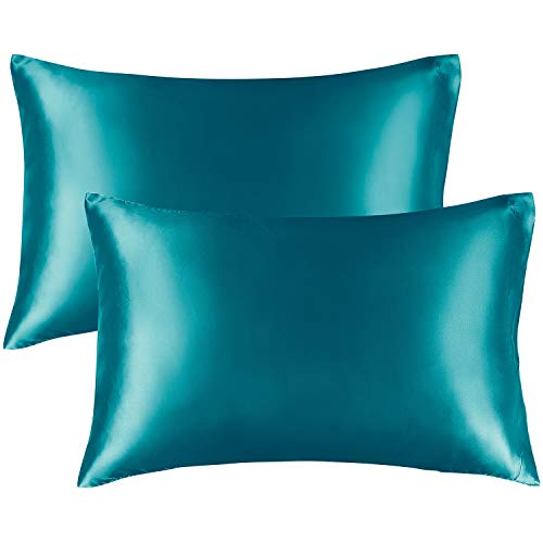 BEDELITE Satin Pillowcase for Hair and Skin, King Pillow Cases Set of 2 Pack Super Soft Silky Teal Pillow Case with Envelope Closure (20x40 Inches)