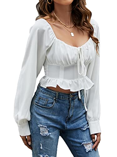 LYANER Women's Tie Knot V Neck Ruffle Trim Long Sleeve Shirred Crop Blouse Shirt Top White Medium