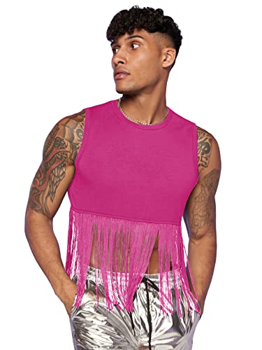 GORGLITTER Men's Fringe Hem Crop Tank Top Round Neck Sleeveless Crop Tops Hot Shirts Hot Pink Medium