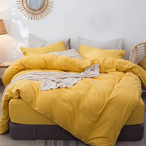 MooMee Bedding Duvet Cover Set 100% Washed Cotton Linen Like Textured Breathable Durable Soft Comfy (Yellow, Queen)