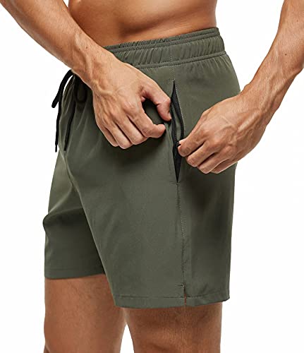 Tyhengta Men's Stretch Swim Trunks Quick Dry Beach Shorts with Zipper Pockets and Mesh Lining ArmyGreen 36
