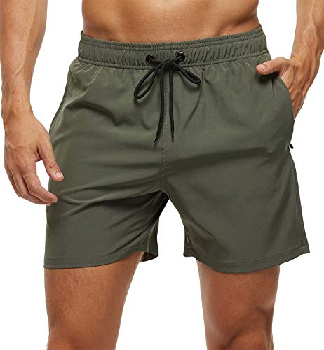 Tyhengta Men's Stretch Swim Trunks Quick Dry Beach Shorts with Zipper Pockets and Mesh Lining ArmyGreen 36