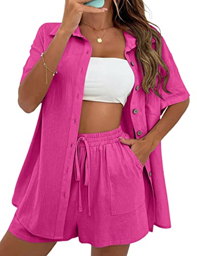 APAFES Women Summer Cotton Linen Short Sets 2 Piece Shorts Top Lounge Beach Vacation Two Piece Outfits Tracksuits(762-RoseRed-XL)