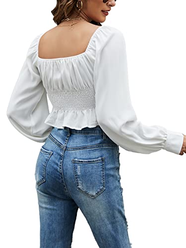 LYANER Women's Tie Knot V Neck Ruffle Trim Long Sleeve Shirred Crop Blouse Shirt Top White Medium