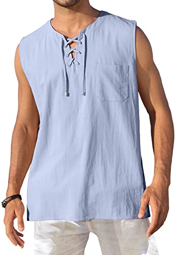 KUYIGO Mens Casual Shirts Tank Top Shirts Casual Sleeveless Lace Up Beach Hippie Shirt Sky Blue Medium