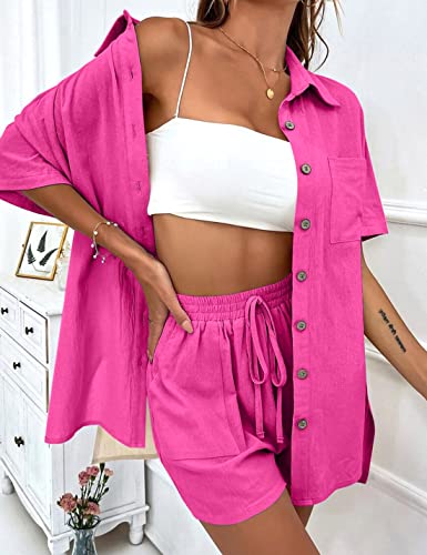 APAFES Women Summer Cotton Linen Short Sets 2 Piece Shorts Top Lounge Beach Vacation Two Piece Outfits Tracksuits(762-RoseRed-XL)